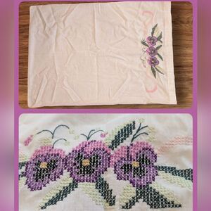 Vintage white pillowcase‎ with embroidered purple flowers